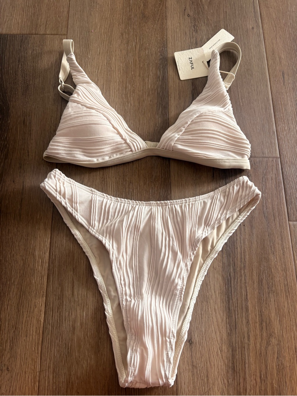 Zaful Light Cream Ribbed Triangle Bikini Set
